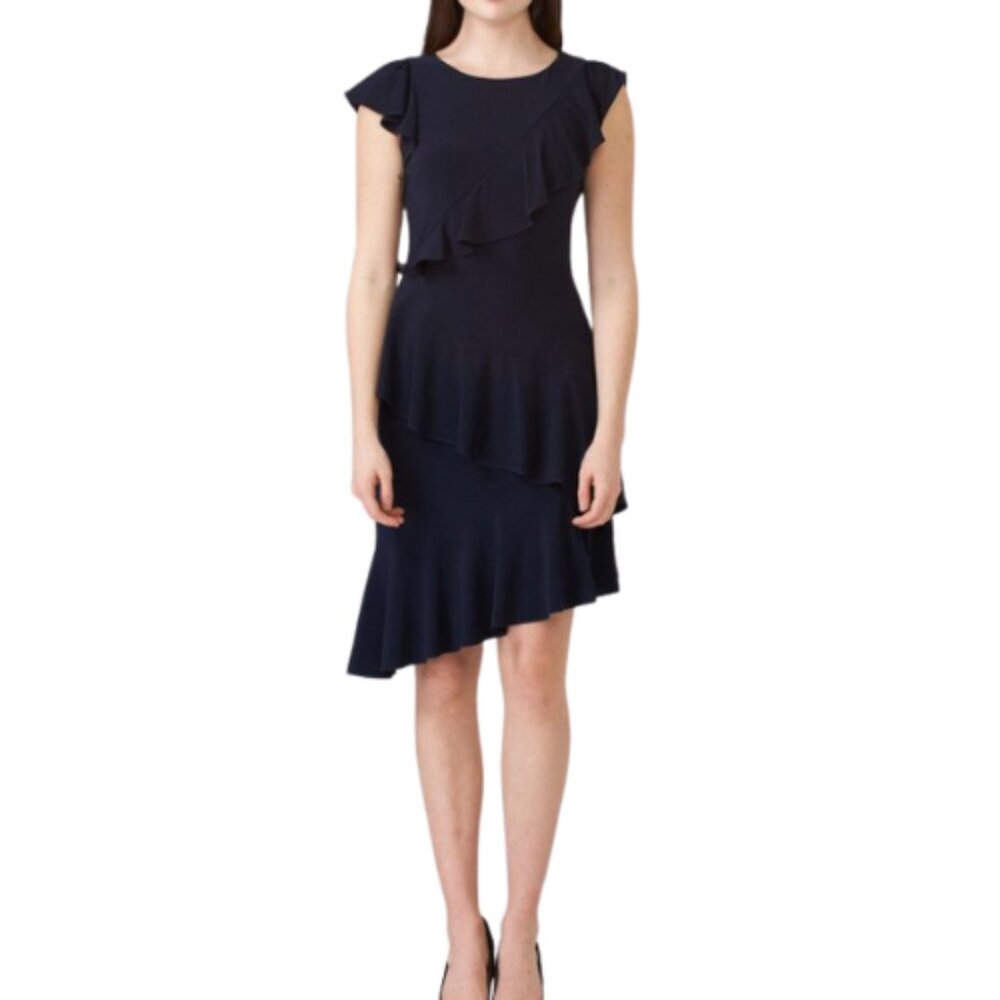 Joseph Ribkoff Navy Asymmetrical Ruffle Tiered Cocktail Dress Size 4 - Picture 10 of 11